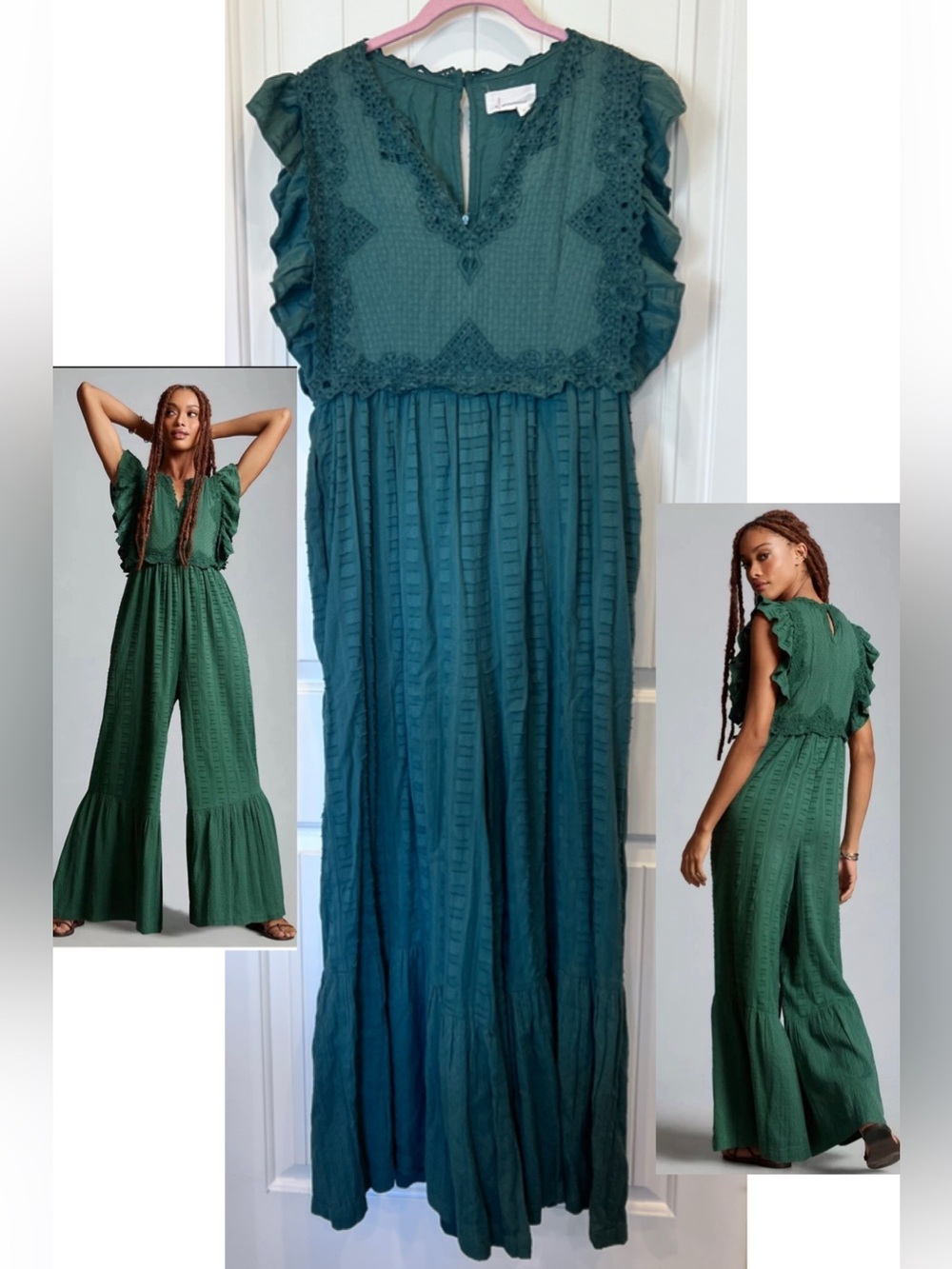 NWT Anthropologie Embroidered Flounce Flounced Green Jumpsuit Pockets! Sz Medium